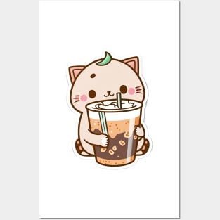 Cute Cat Drinking Bubble Tea Cartoon Boba Drawing Posters and Art